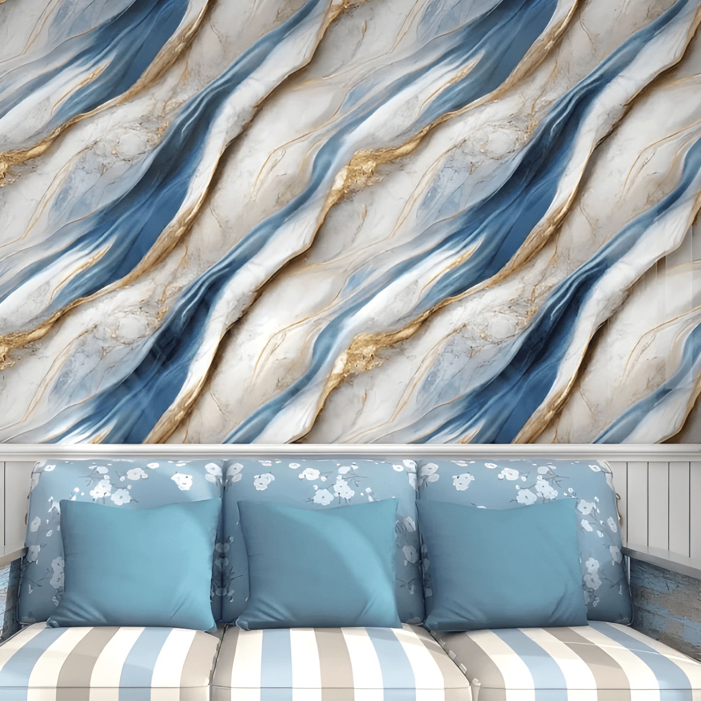 Navy Blue & Gold Wave Marble Decor Sticker (6.5 Feet X 2 Feet) - Macmlone
