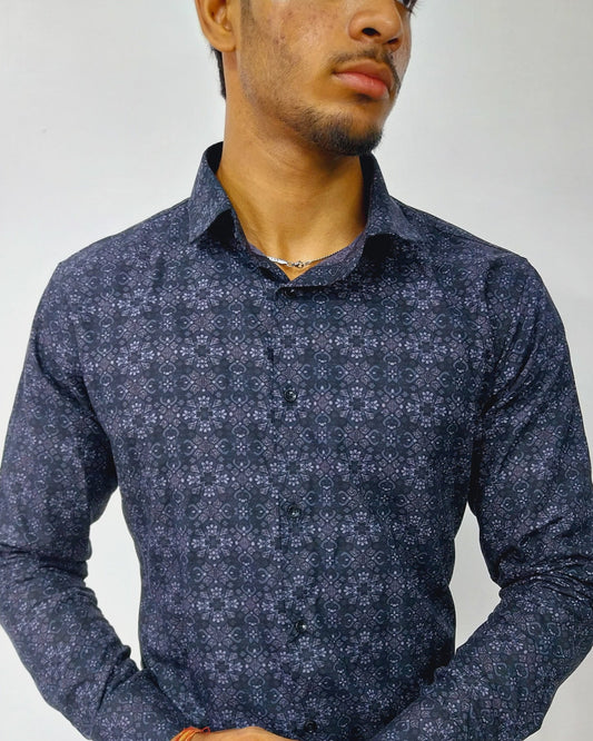 Formal Blue Floral Printed Cotton Shirt