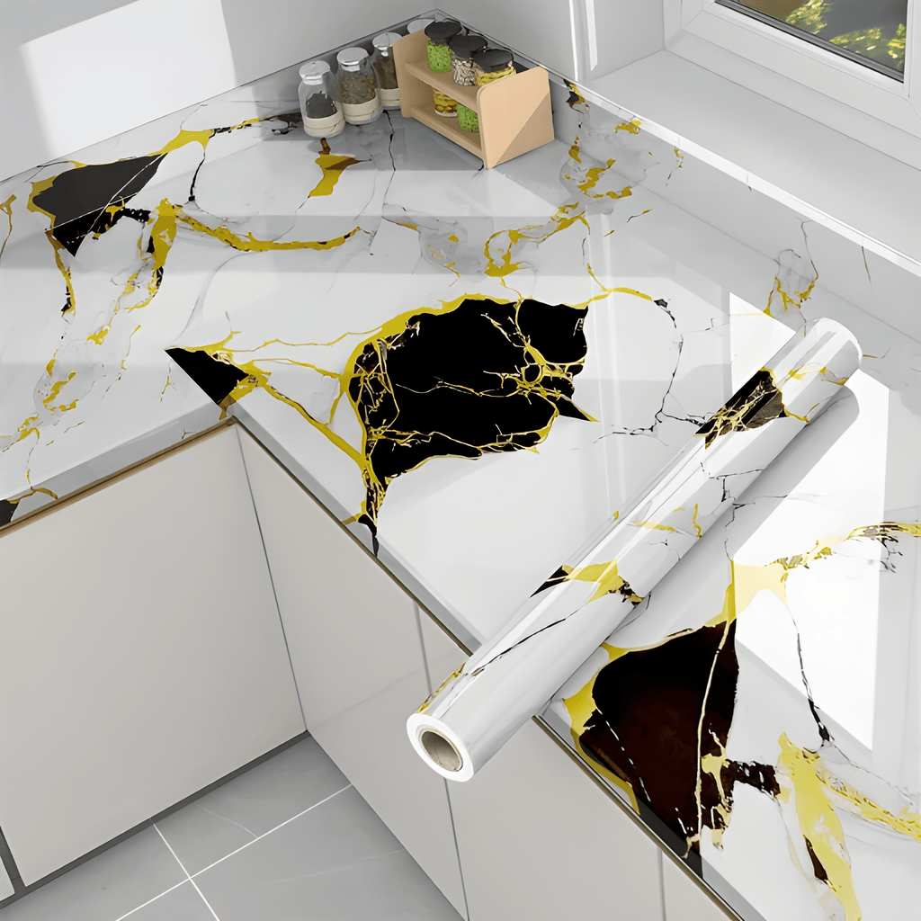 Black & Gold Blocks Marble Sticker (6.5 Feet X 2 Feet) - Macmlone