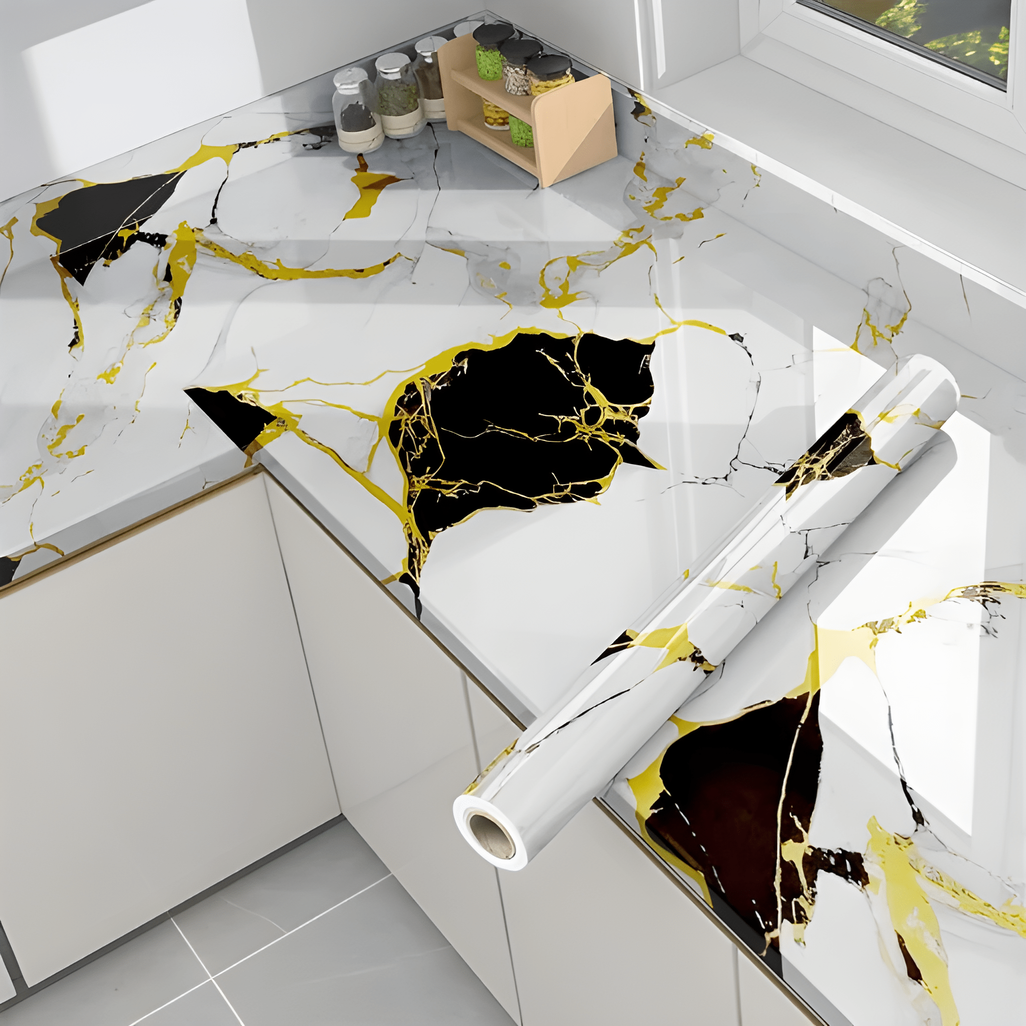 Black & Gold Blocks Marble Sticker (6.5 Feet X 2 Feet) - Macmlone